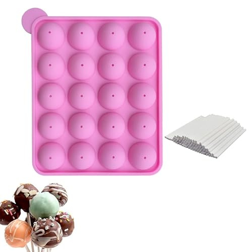 Ginddy Cake Pop Silikonform,20 Runde Cake Pop Backform,Silikon-Lollipop-Cake-Pop-Form mit 100 Stielen,Backform für Schokoladenlollis,Eiswürfel,Party-Cupcakes