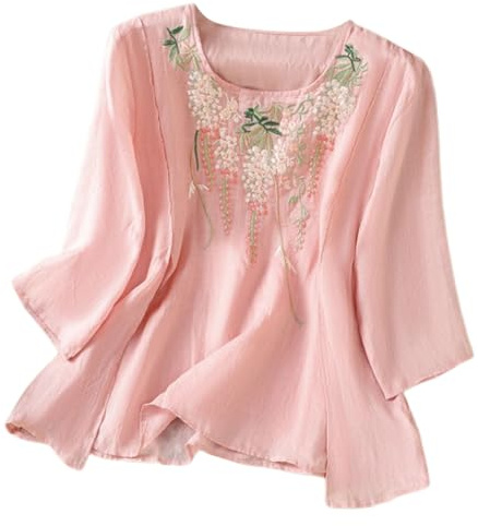 Camicia da donna ricamata in lino stile bohémien, tunica estiva con grafica floreale, primaverile, indiana, con volant, per anziani, feste, girocollo, retrò, in cotone, vestibilità ampia, vestibilità