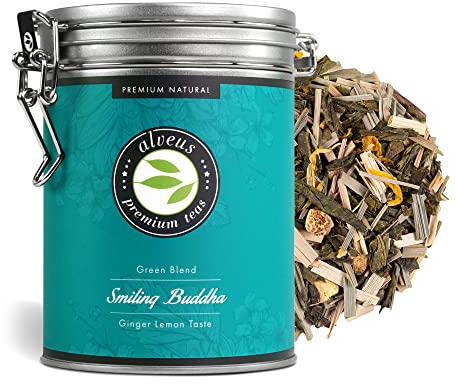 Smiling Buddha Grüner Tee Lose Ingwer Zitrone in Dose, Aromatisierter Grüntee (ca. 40 Tassen) 100 Gramm von alveus