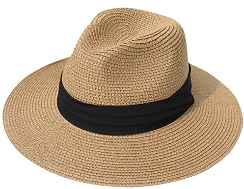Lanzom Sombrero de paja para mujer, estilo panamá, con ala ancha, plegable, para playa, con protección solar 50+ - marrón - Talla única