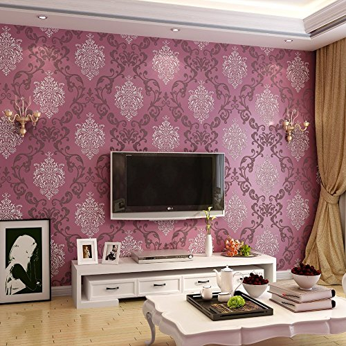 KeTian Luxus 3D Damast-Perlen-Puder Vliestapete im europäischen Stil als Rolle fürs Wohnzimmer, Schlafzimmer oder Hotel violett, rot, 0.53m (1.73' W) x 10m(32.8'L)=5.3m2 (57 sq.ft)
