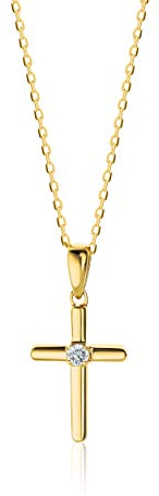 Orovi – Kette Damen mit Kreuzanhänger 9 Karat Gelbgold (375) und natürlichem Diamant 0.03 Ct in Krappenfassung - Filigrane Kreuz Halskette Damen - Damenschmuck Allergenfrei & handgemacht (45 cm)