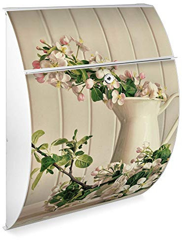 Burg Wächter Design Briefkasten | Modell Riviera 46x33,5x13cm groß | verzinkter Stahl Weiß | Postkasten Öffnungsstopp, großer A4 Einwurf, Zylinderschloss, 2 Schlüssel | Motiv Stillleben Kirschblüten