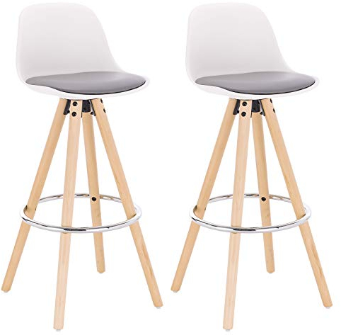 WOLTU Barhocker 2er Set Barstuhl aus Kunstleder Holzgestell mit Lehne + Fußstütze Design Stuhl Küchenstuhl optimal Komfort Grau+Weiß