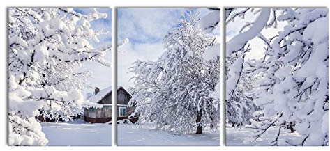 Pixxprint Winterlandschaft mit Hütte als XXL Leinwandbild in Übergröße 180x80cm Gesamtmaß 3 teilig, Wandbild, Kunstdruck