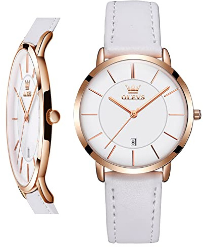 OLEVS Women Wrist Watches Ultra Thin 6.5mm Minimalist Business Dress Waterproof & Date White Leather Strap Slim Watches for Women