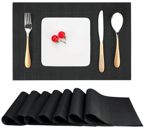 Myir JUN Tischsets Abwaschbar 8er Set, Gewebte Platzdeckchen rutschfest Abgrifffeste Hitzebeständig, Vinyl Platzsets Abwaschbar für küche Speisetisch Hotel, Platz-Matten30x43.5cm (Schwarz)