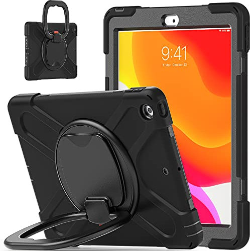 Bspring Coque Compatible iPad 7/8ème Génération 2019/2020 10.2 avec Support Rotatif à 360° Case Cover Housse Trois Couches Super résistantes,Noir