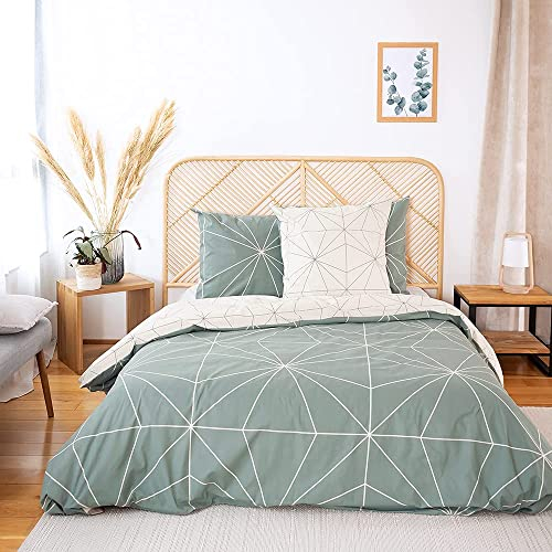 CÔTE DECO Parure de lit avec Housse de Couette 220x240 cm + 2 Taies d'oreiller 63x63cm Parure de lit pour 2 Personnes géométrique Verte 100% Coton Bio*