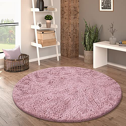 Paco Home Hochflor Teppich Rund Wohnzimmer Schlafzimmer rutschfest Shaggy Modern Flauschig Einfarbig Langflor Kunstfell, Grösse:200 cm Rund, Farbe:Alt-Rosa