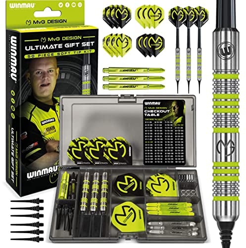 WINMAU MvG Dart Soft Tip Geschenkset - 50-teiliges Dart Set mit 4 Sätzen Dartschäften, 4 Sätzen Flüge und Zubehör