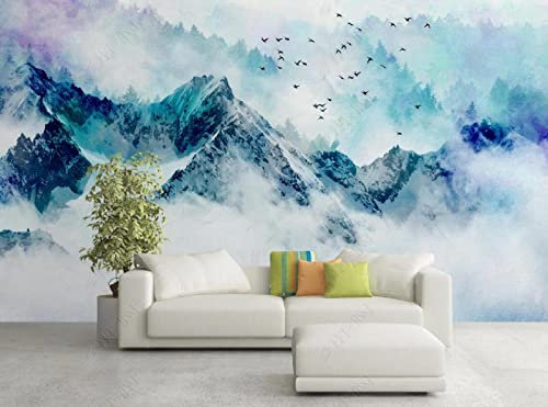 QEETapate Papier Peint Panoramique Sommets Des Montagnes À L'Aquarelle Papier Peint Nature Intissé Murale Chambre Salon（300cmX210cm）