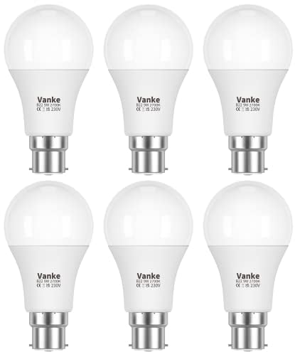 Vanke Bayonet Light Bulb, 9w (60w Equivalent), B22 LED Bulbs Warm White 2700K Yellow Light, 806 Lumen, Non-Dimmable, Pack of 6