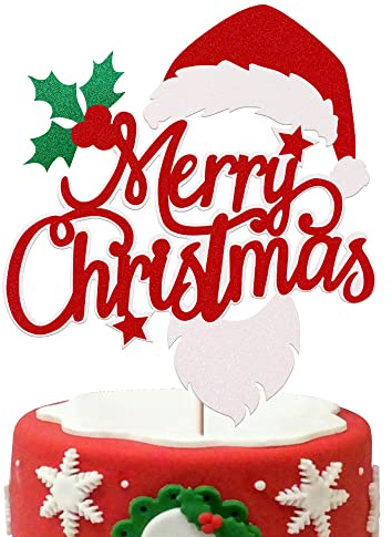 Rsstarxi 1 Pack Merry Christmas Cake Topper Glitter Holly Leaves and Berries Santa Hat Beard Christmas Cake Pick for Christmas Theme New Year Holiday Party Cake Decorations Supplies Red