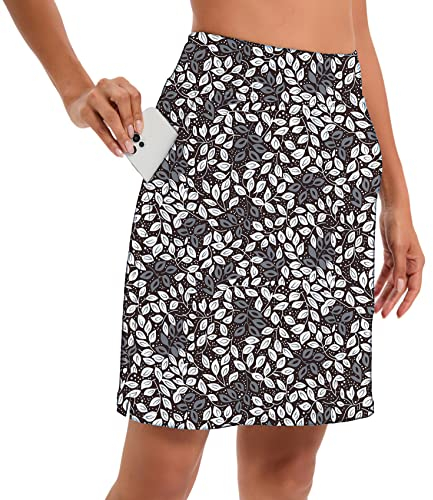 Timuspo Damen Tennisrock High Waist Tennis Skort mit Taschen Laufröcke Sport Golfrock mit Innenhose,Weißes Blatt,L