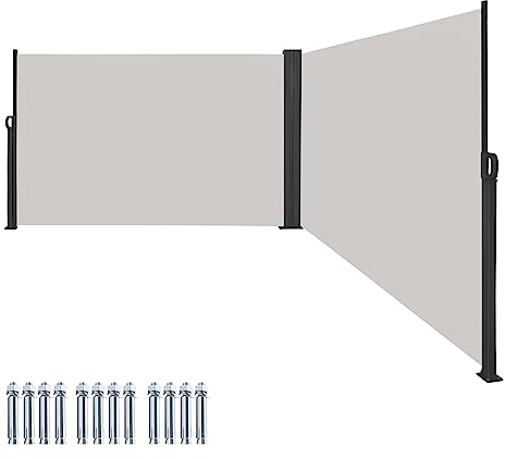 VA-Cerulean Seitenmarkise Doppel ausziehbar, Sichtschutz Balkon, Sonnenschutz UV-Beständig, Einstellbar Breite Windschutz Terrasse für Zaun Garten, 1,8 * 6m Hellgrau