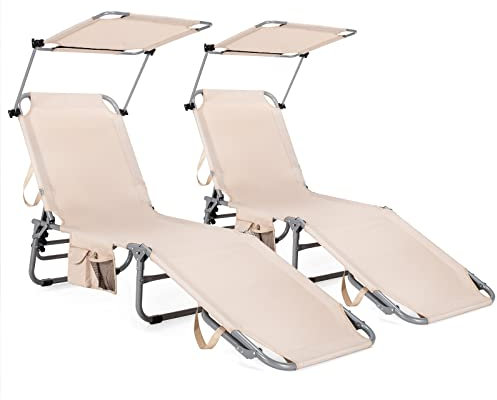 COSTWAY Tumbona Plegable con Parasol, 5 Posiciones de Respaldo Ajustables, Tumbonas Jardin Exterior con Bolsillo de Almacenamiento Lateral, Tumbona Reclinable Piscina, Playa, Patio, 150kg (Beige 2)