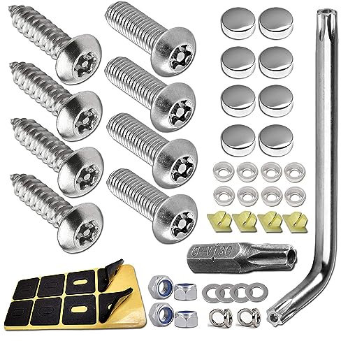 Anti Theft License Plate Screws- Stainless Steel Bolts Fasteners Kits for Car Tag Frame Holder, Tamper Resistant Mounting Hardware,1/4(M6) Security Screw Set,Rust Proof,Chrome Screw Caps Cover