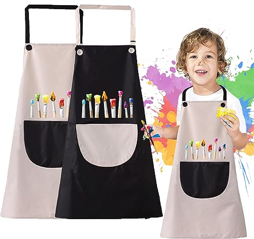 XSYKJGS Malschürze Kinder 2 Stück Schürze Kinder Schule, Verstellbare 6-10-12 Jahre Kochschürze Kinder Jungen Mädchen mit Taschen für Basteln Malen Backen Kochen