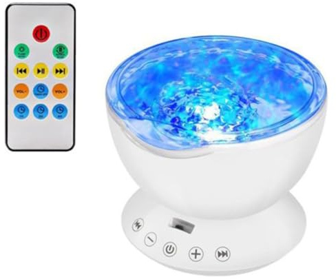 Playlearn Ocean Wave Projector Lamp Night Light with Remote Control Music Speaker, Bedroom Living Room Ambiance, USB Charged, Visual Effect