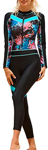 Women’s UV Protection Wetsuit Long Sleeve Floral Print Swimsuit Front Zipper Rash Guard One Piece Surfing Suit for Snorkeling Canoeing Bule L