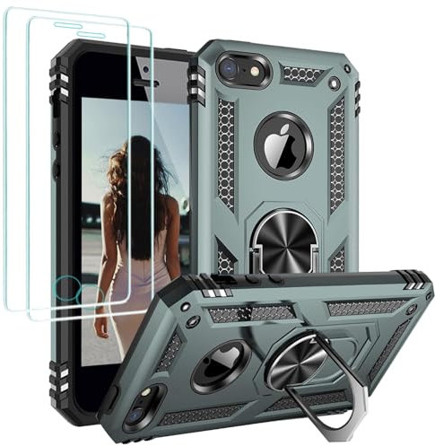 Jeylly for iPhone SE 2016 Case, iPhone 5/5S Case with 2Pcs HD Screen Protector, Military Grade Drop Protection Magnetic Ring Stand Holder Rugged Phone Cover for Girls Boys Kids, Green/Black