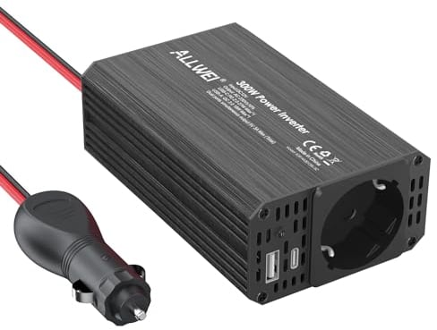 ALLWEI 300W Wechselrichter 12V auf 230V Spannungswandler, Stromwandler mit Typ-C & USB Anschluss, Inverter 12V 220V, Auto Steckdose für Auto, Laden von Handys, Laptops und Anderen Geräten (Schwarz)