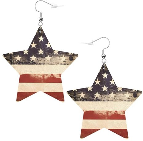 Vintage-Ohrringe mit amerikanischer USA-Flagge, Leder, Stern-Ohrringe, Anhänger, stilvoll und schön, leicht, baumelnd für Damen und Mädchen, Einheitsgröße, Leder
