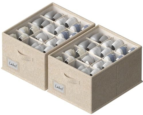 FHSQX Shoe Organizer for Closet, 2 Pack, Fits up to 24 Pairs, Fabric Shoe Storage Bins, Large Shoe Box Storage Containers with Bottom Support (Beige, 16.5*12.6*9.5) x2