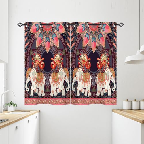ANHOPE Boho Elefant Pfau Blume Vorhänge mit Ösen Blickdichte Gardinen Thermo Vorhang Blackout Curtain Schlafzimmer Wohnzimmer Weich Verdunklungsvorhänge 2er Set H 138 x B 71 cm