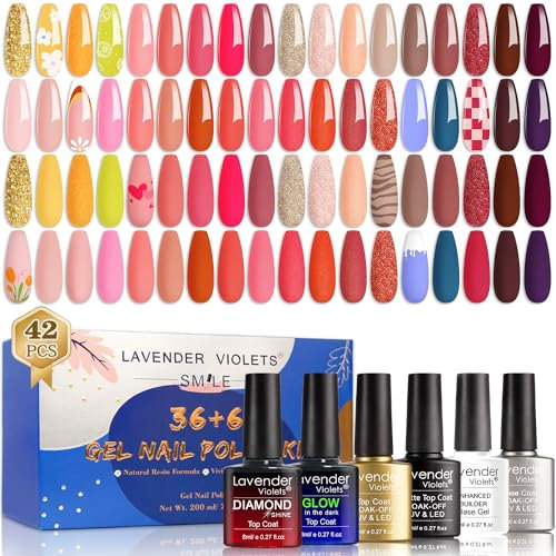 Lavender Violets 42 Pcs Glow in the Dark/Diamond/Matte Gel Top Coat, Builder/Base Coat Soak-off UV LED Shellac Nail Polish Red Pink Nude Nail Varnish Sets C959