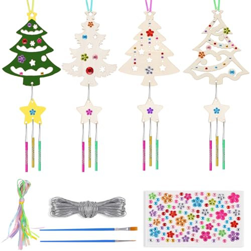 Kindergeburtstag Basteln, Weihnachten Bastelset Kinder mit Bänder, Silberdraht, Aufkleber, Stifte, Windspiel Bastelset Kinder, Holz zum Basteln Weihnachtsbasteln für Weihnachtsdeko Kunsthandwerk