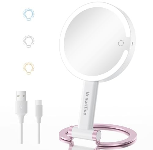 Beautifve Vergrößerungsspiegel mit Licht, 10X/1X Doppelseitiger Kosmetikspiegel mit Beleuchtung, Dimmbarer Touch Schminkspiegel, Abnehmbare Basis Reisespiegel für Handheld, Hanging, Tischplatte