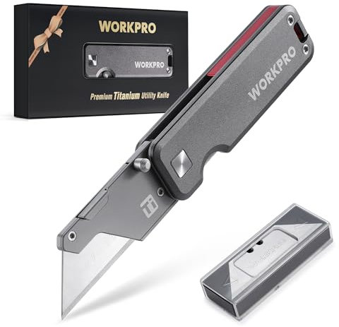 WORKPRO Cutter Utilitaire en Titane, Corps Monobloc CNC, Cutter Professionnel Pliable Léger avec Manche en Aluminium et 10 Lames, Changement Rapide de Lame, Idéal pour la Coupe du Cuir, PVC et Papier