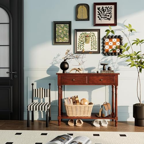 PADMA HOUSE Konsole aus Massivholz mit 2 Schubladen, Sofatisch mit Ablagefach, Eingangstisch, schmal, für 2 Ebenen, Wohnzimmertisch, rustikaler Stil (Braun)