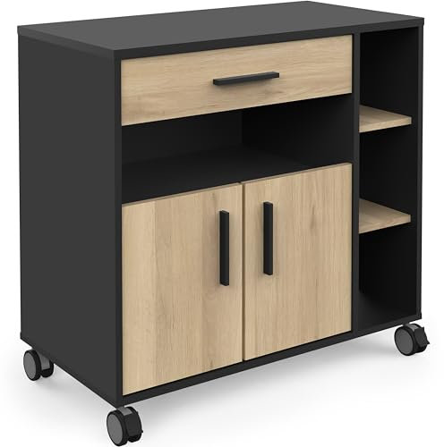 habeig Küchenwagen, Küchentrolley mit Schublade, Rollen und Regalen, Schwarz/Holzoptik, 79x77 cm, Küche