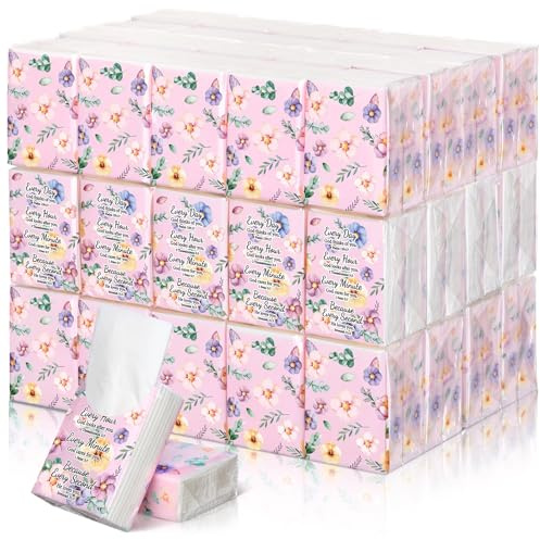 Therwen 100 Stück Taschentücher, Reisepackungen, Großpackungen, 1000 Blatt, Mini-Tücher, 3-lagig, kleine Reisegröße, Einzelpackungen, Taschengröße (Pastellblume)