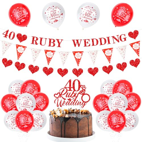 40th Ruby Wedding Anniversary Decoration Party Set, 40 Buby Ballons, Wedding Banner, 40th Cake Topper, 40 Anniversary Triangle Flag Party Supplies