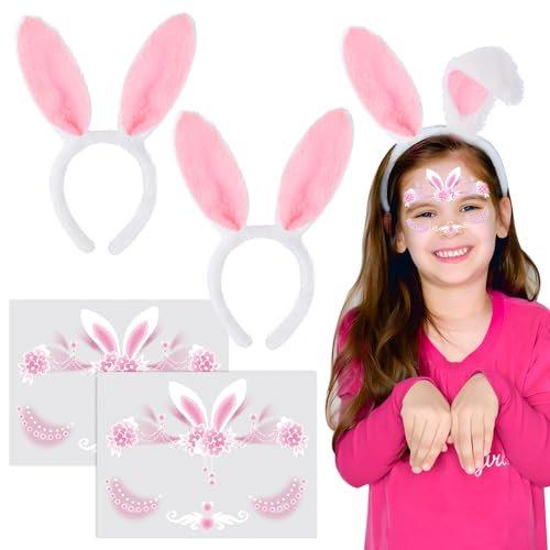 2pcs Bandeaux Oreilles de Lapin Peluche Serre-tête Blanc Rose et 2feuilles Tatouages de Visage Autocollant Sticker Lapin Dessin Animé Costume Déguisement Décoration pour Pâques Cosplay Carnaval Filles