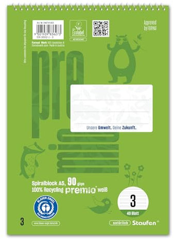 Staufen premio Spiralblock - 5 Collegeblöcke je 40 Blatt, DIN A5, Lineatur 3 (14 Doppellinien), 90 g/m² Recyclingpapier