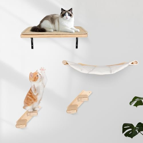 Shulltji Katzen Kletterwand Set, 55cm x 46cm Katzenhängematte & Katzenwandregale & 2 Katzenleiter, 4er-Set Katzenwandparkour für Katzen, Katzen Wandelemente zum Schlafen und Ausruhen (XL, Beige)