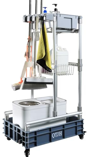 Rolling Cleaning Cart with Mop & Broom Organizer ， Convenient Storage Cart for Janitorial Supplies, Tools, and Cleaning Equipment ， Floor Cleaning Station with Wheels for Housekeeping, Garage &Garden