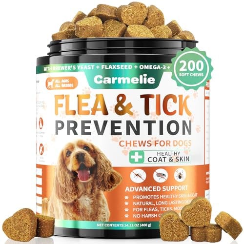 Carmelie Flea and Tick Chewables for Dogs - 200 Chews Natural Dog Flea and Tick Support, Oral Flea Supplement for All Dogs, Supports Healthy Skin & Coat, Puppy Flea Support - Chicken Flavor