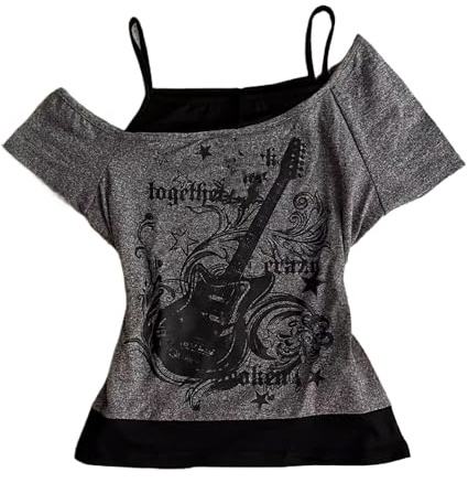T-shirt Emo Grunge da donna – Vintage Y2K Faux 2 pezzi Chitarra Grafica Maglietta Gotica Estetica Manica Corta Spalle Scoperte Crop Top Alt Streetwear Punk Summer Harajuku, grigio, L