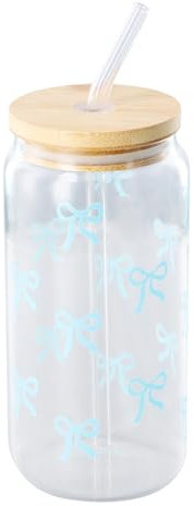 Anseom Vaso de Cristal con Tapa y Pajita, Elegante Taza de Arco 16 Oz, Vasos Vidrio de Cerveza con Forma de Lata, Taza Té de Burbujas, Versátil Vasos Vidrio, para Cerveza, Cóctel, Coca, Jugo (Azul)