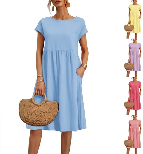 Surttan Sommerkleid Damen Leicht Und Luftig Leinenkleid Kurzarm Strandkleid Rundhalsausschnitt Freizeitkleid Mit Taschen Musselin Kleid Midikleid Einfarbig Große Größen S-5XL