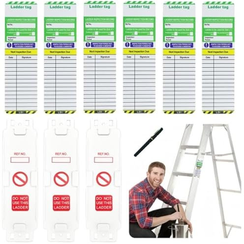 Ladder Tags - 9 PCS Include 3 Holders and 6 Ladders Inspection Tags Fits All Ladder Types Other Equipment, Waterproof Ladder Inspection Tag Record Kit for Indoor Outdoor Safety Accident Prevention