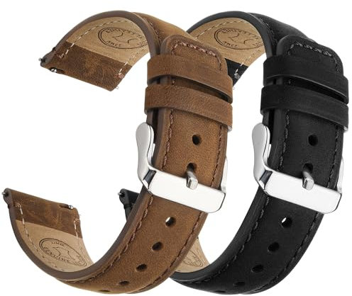 Fullmosa Echtleder Uhrenarmbänder 20mm Schnellwechsel-Armband für Damen & Herren, 2er Set Wechsel Lederarmbänder mit Edelstahl-Verschluss,Kaffe+Silber & Schwarz+Silber