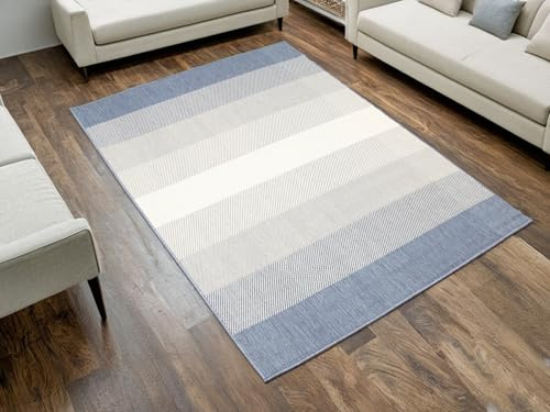 AKCILA Brussels Streifenmuster Blau Outdoor Teppich 120x170 cm, Balkon Teppiche, Küchenteppich waschbar, Kitchen Rug, Balcony Carpet, Sisal Teppich für Terrasse
