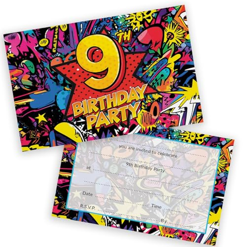 Stuff4 9th Birthday Party Invitations Kids, Comic Book Style 20 Pack | Childrens Birthday Invitations for Boys/Girls A6 Bday Party Invites Invitation Cards with Folding Envelopes